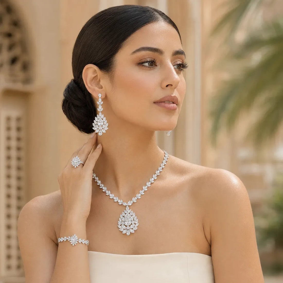 Crown Bloom White Premium Quality Zircon Rhodium Plated Luxury Bridal Full Set