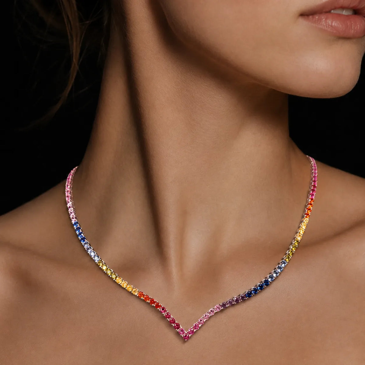 Dolce Mondo Tennis Necklace 3mm Rainbow Multicolor Simulated Diamond Stone in Pure 925 Sterling Silver
