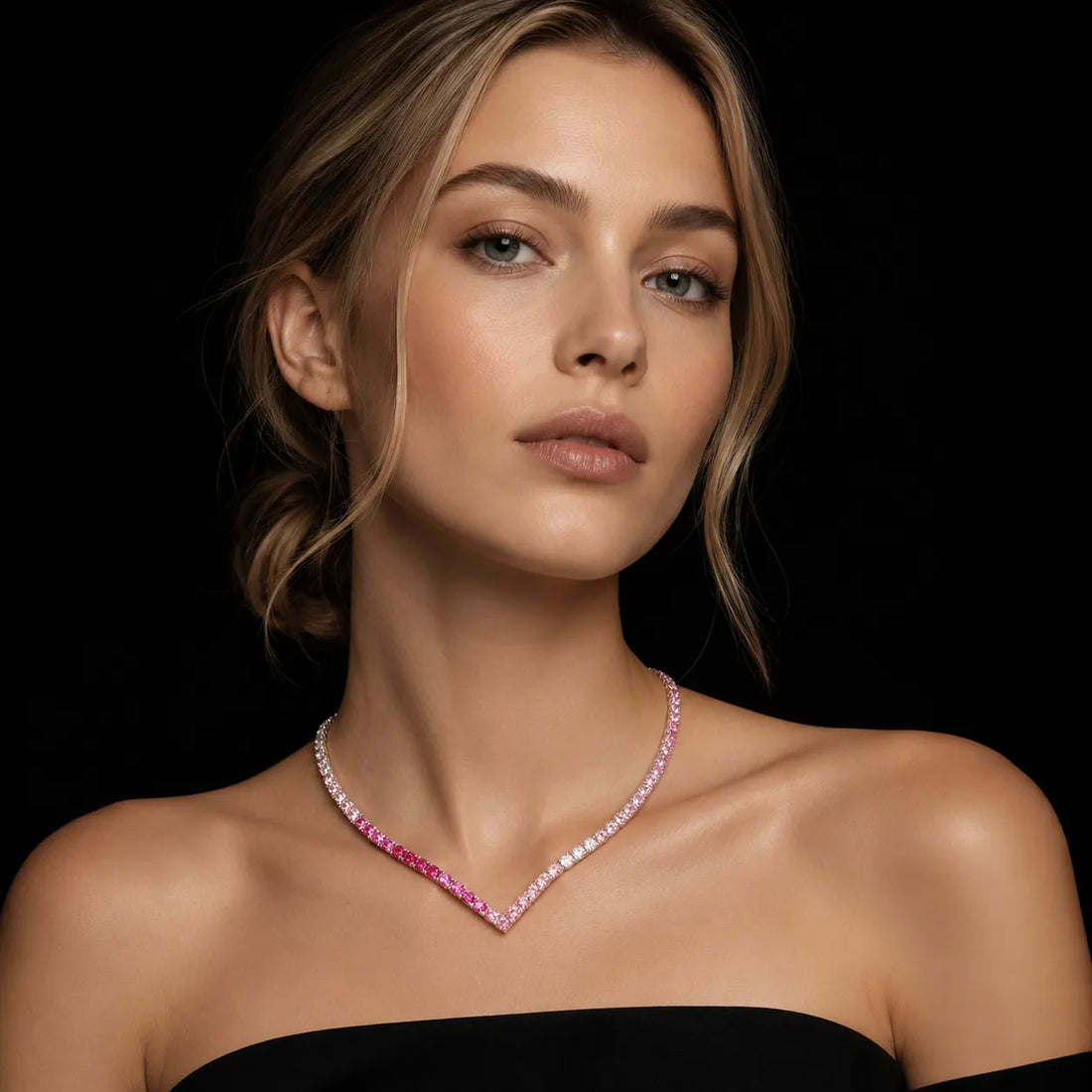 Dolce Mondo Tennis Necklace 3mm Pink & Fuchsia Pink Simulated Diamond Stone in Pure 925 Sterling Silver