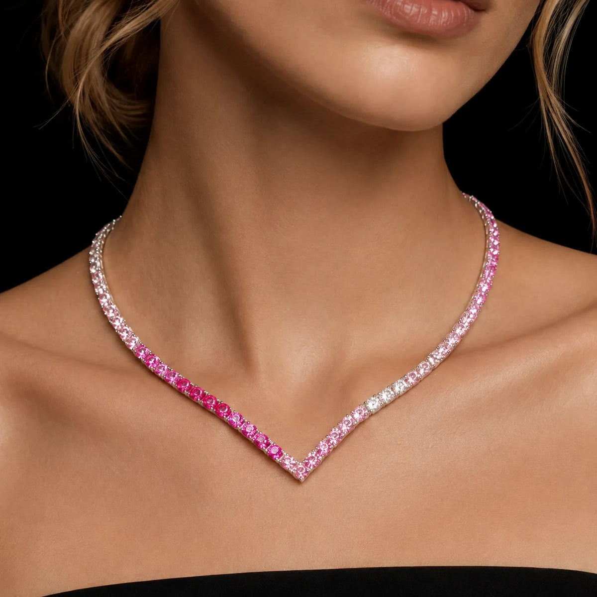 Dolce Mondo Tennis Necklace 3mm Pink & Fuchsia Pink Simulated Diamond Stone in Pure 925 Sterling Silver