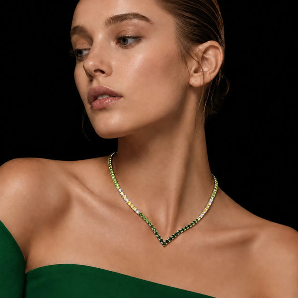 Dolce Mondo Tennis Necklace 3mm Green, Yellow & White Simulated Diamond Stone in Pure 925 Sterling Silver