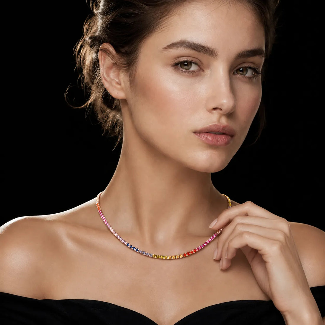 Dolce Mondo Tennis Necklace 2mm Rainbow Multicolor Simulated Diamond Stone in Pure 925 Sterling Silver