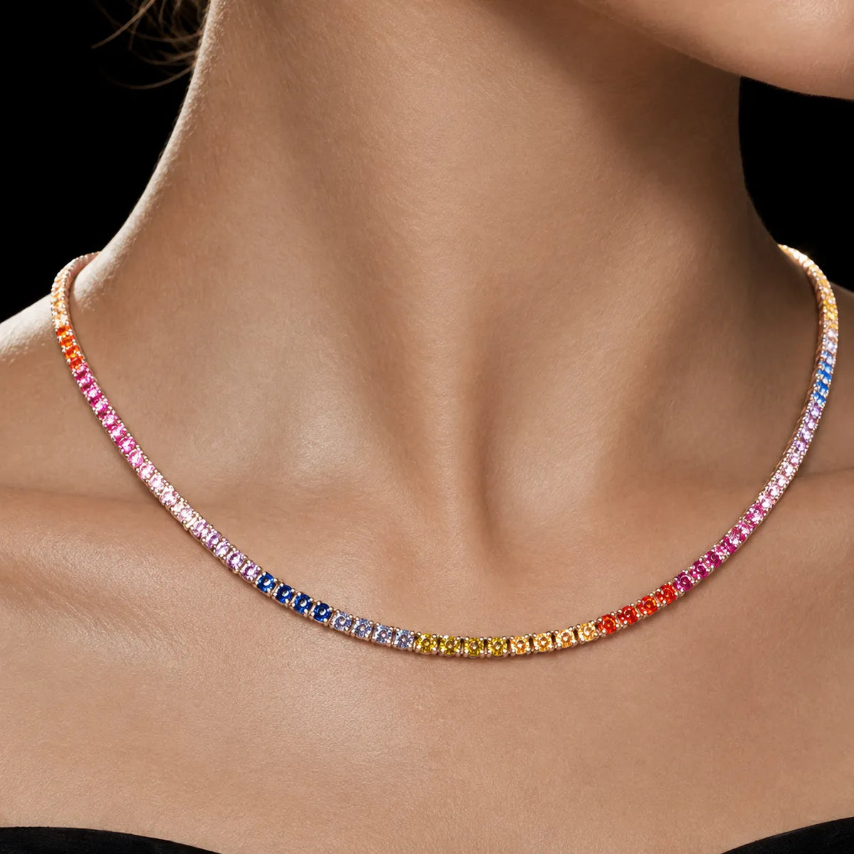 Dolce Mondo Tennis Necklace 2mm Rainbow Multicolor Simulated Diamond Stone in Pure 925 Sterling Silver