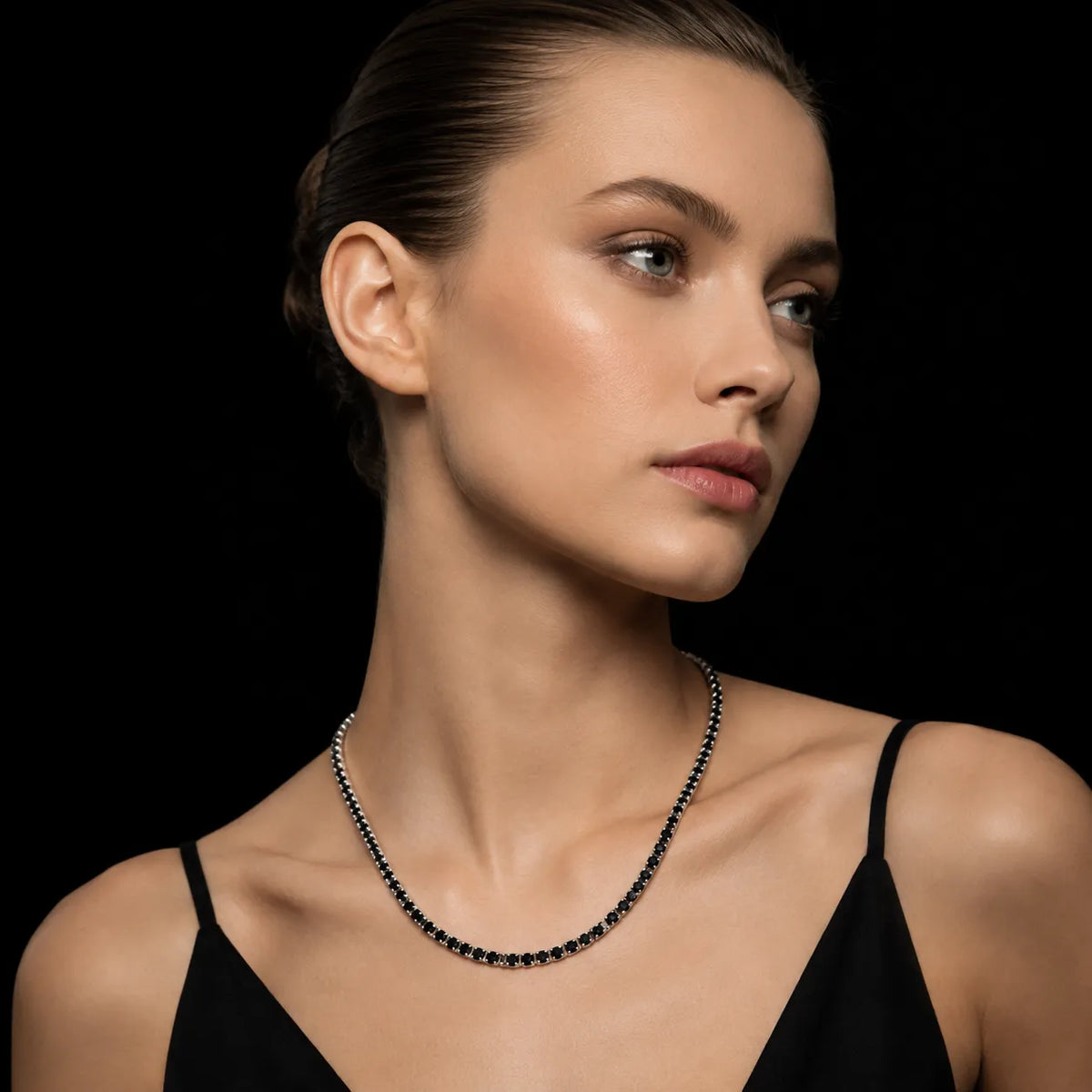 Dolce Mondo Tennis Necklace 3mm, 4mm & 6mm Black Simulated Diamond Stone in Pure 925 Sterling Silver
