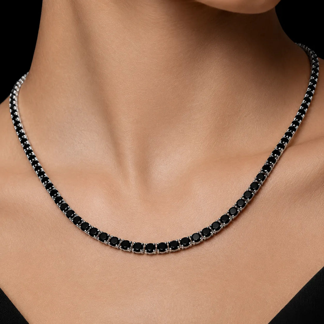 Dolce Mondo Tennis Necklace 3mm, 4mm & 6mm Black Simulated Diamond Stone in Pure 925 Sterling Silver