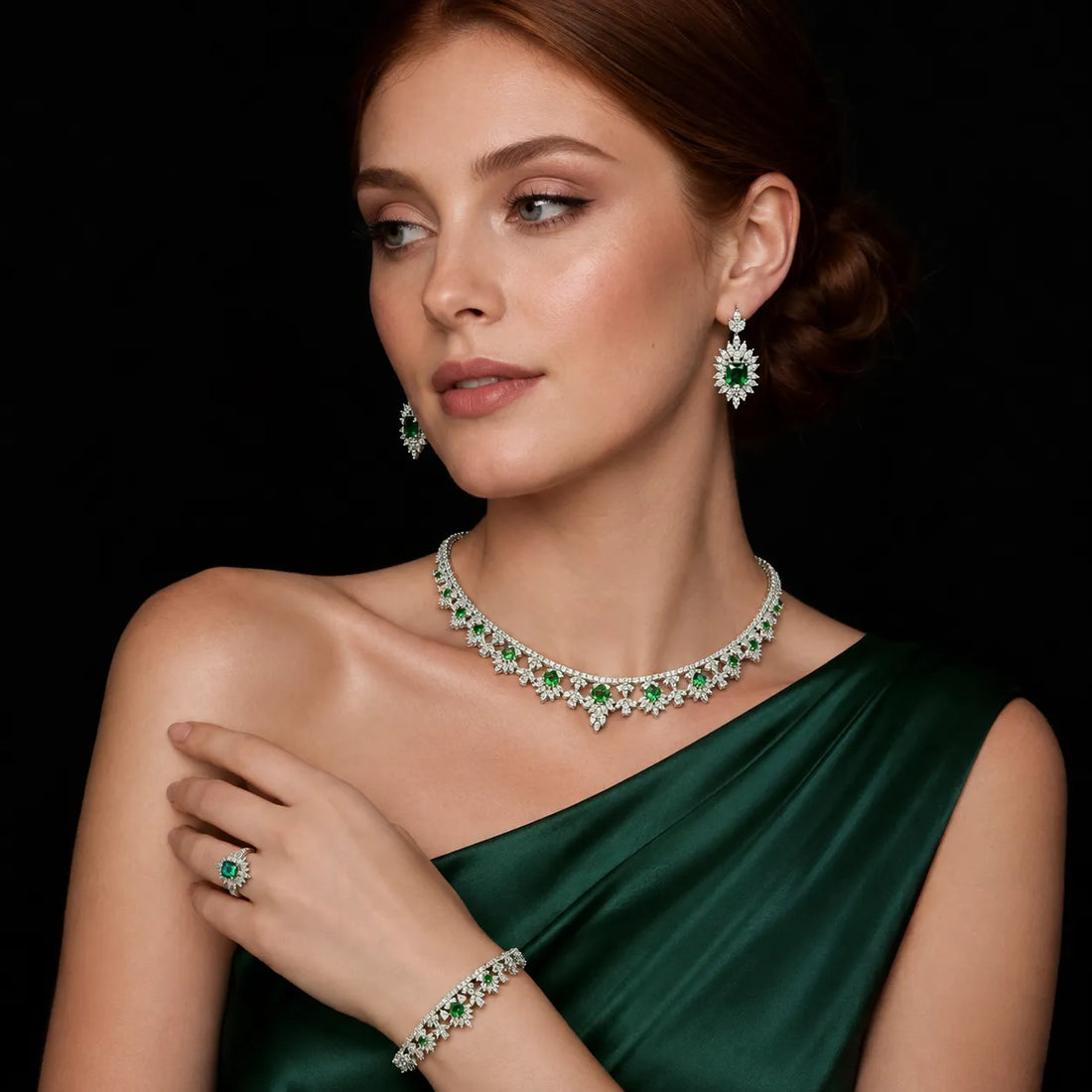 Elysia Glow Green & White Luxury Bridal Full Set in 925 Sterling Silver