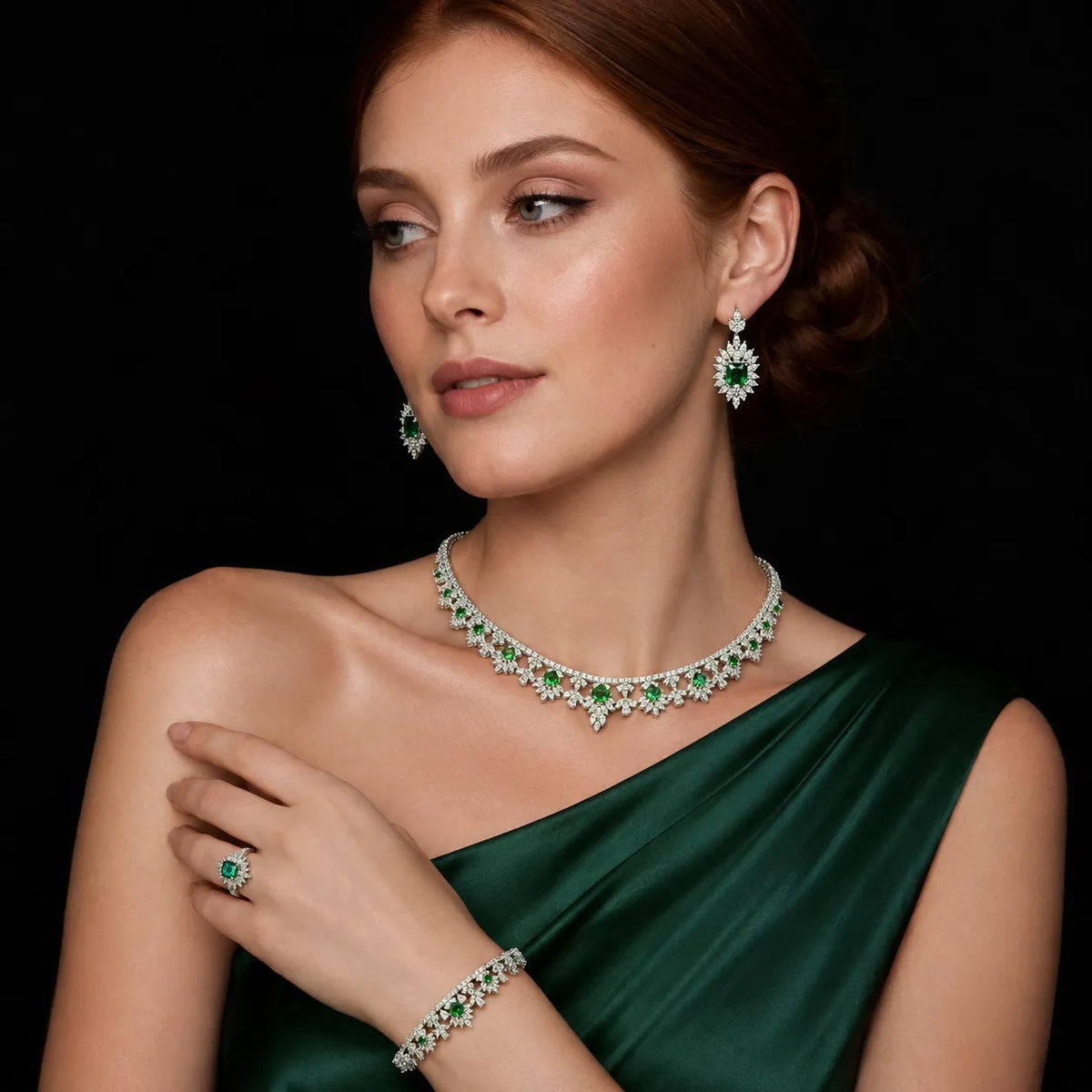 Elysia Glow Green & White Luxury Bridal Full Set in 925 Sterling Silver