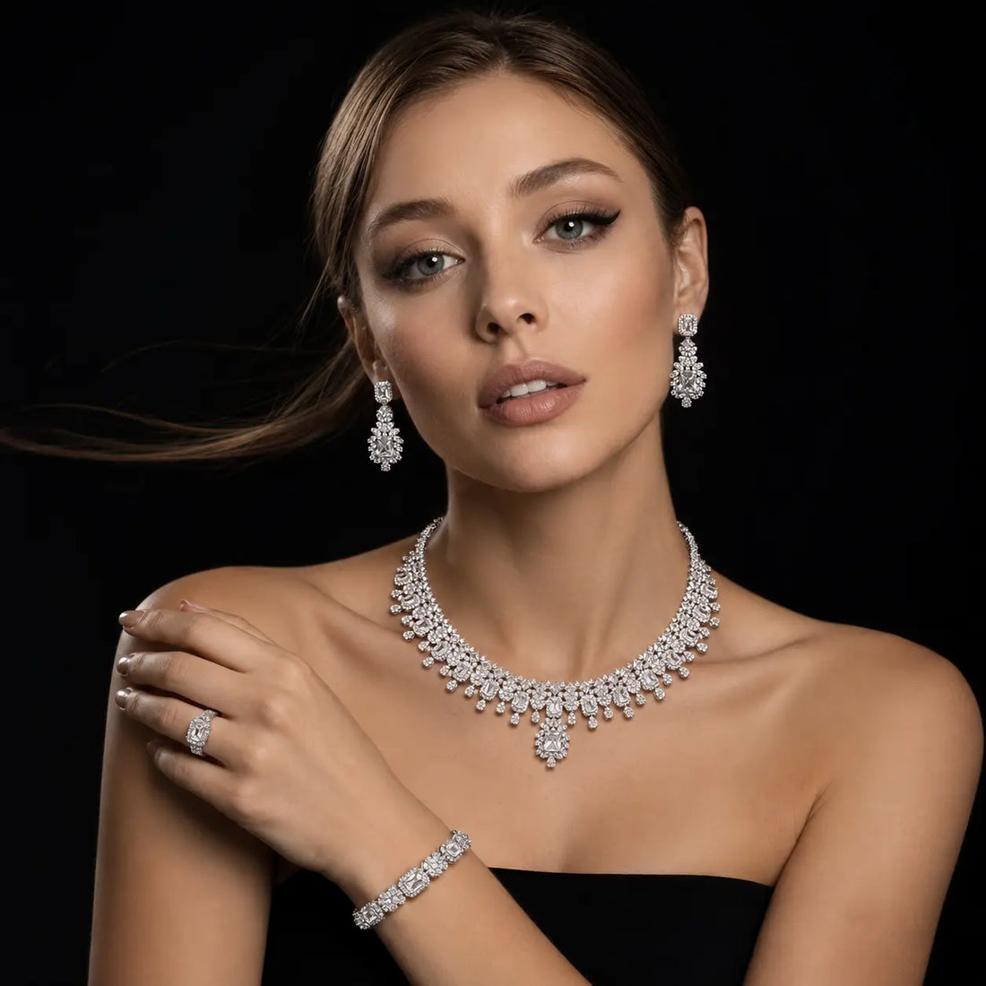 Regal Radiance White Premium Quality Zircon Rhodium Plated Fancy Bridal Full Set