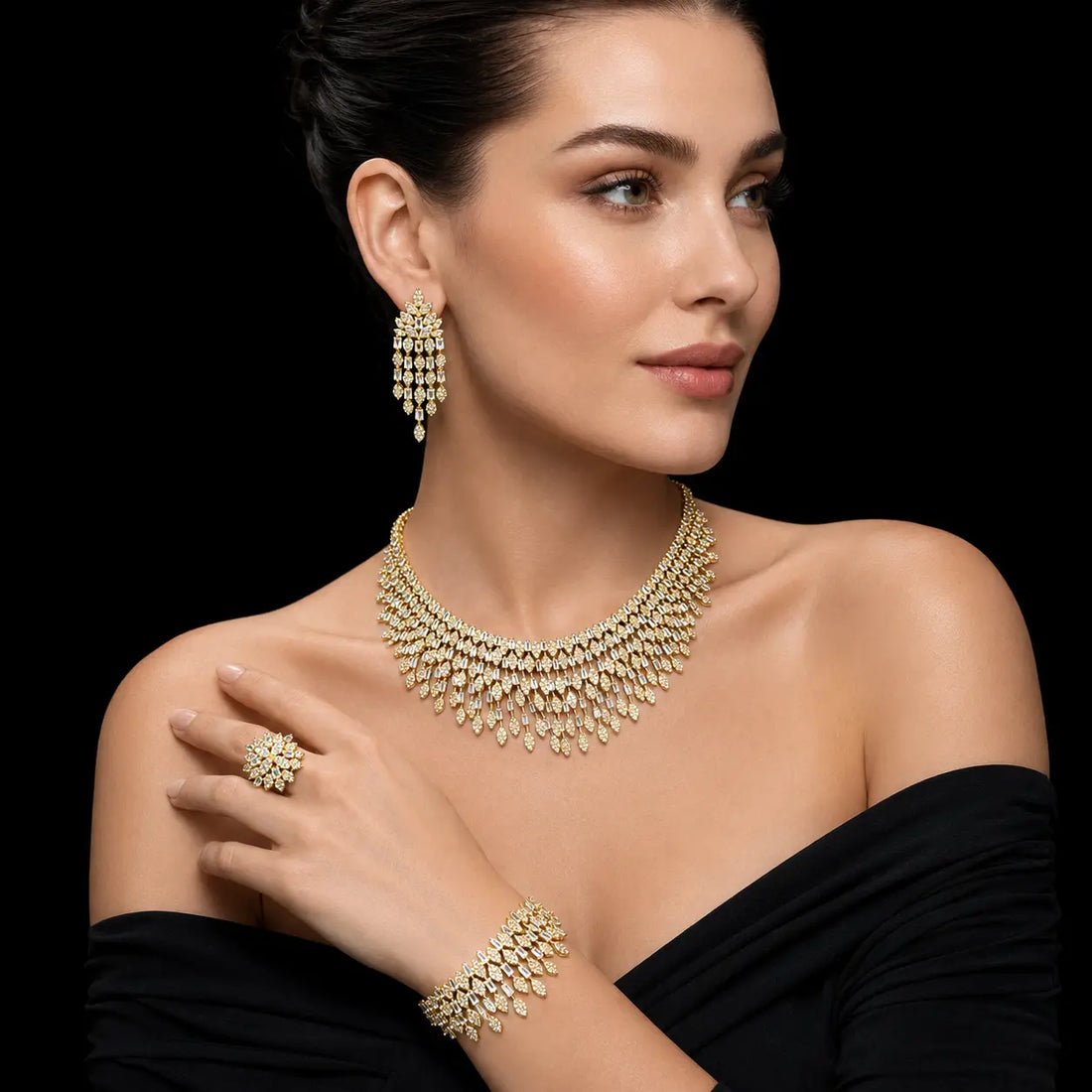 Golden Fringe Premium Quality Zircon Gold Plated Wedding Full Set