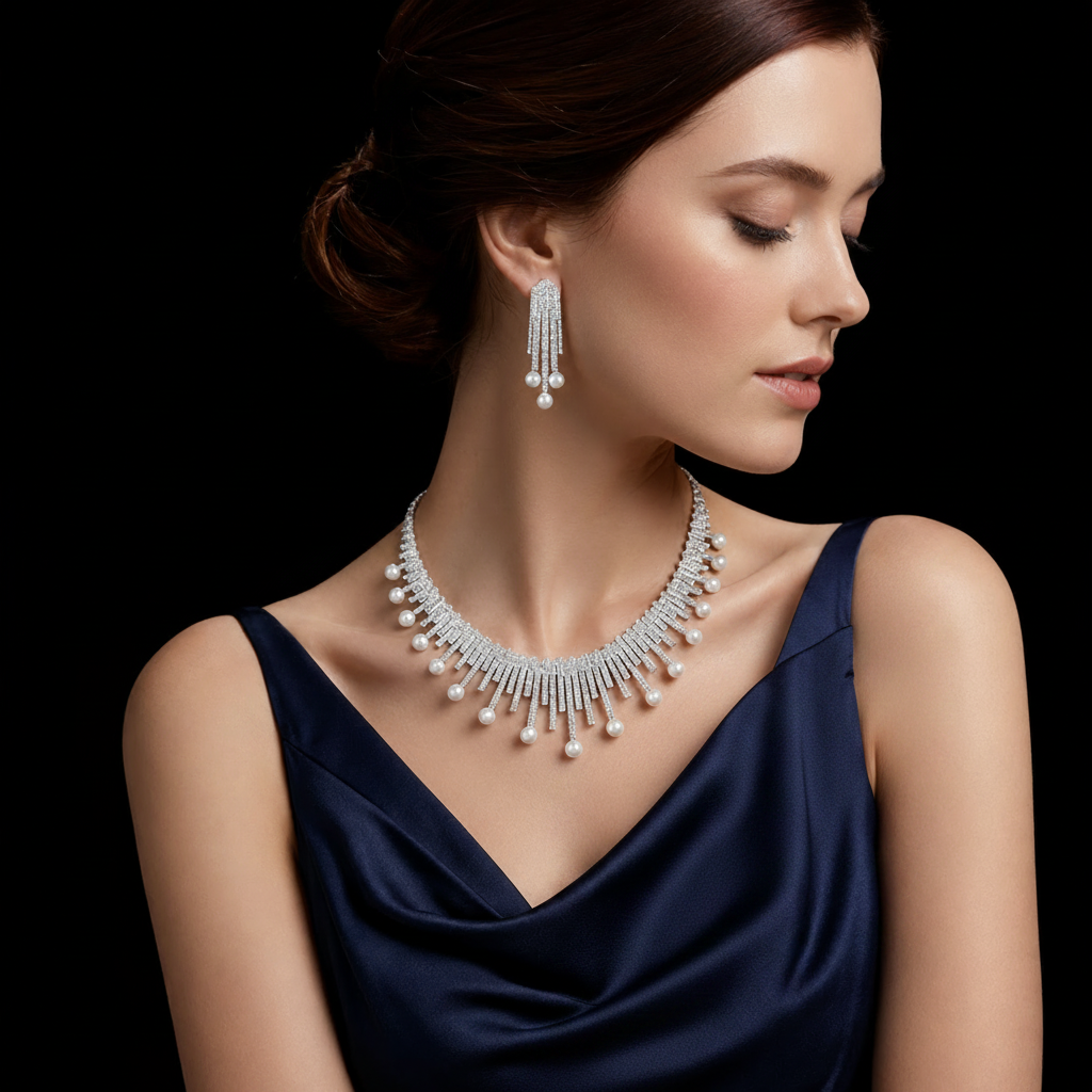 Pearl Fringe White Zircon Rhodium Plated Bridal Full Set