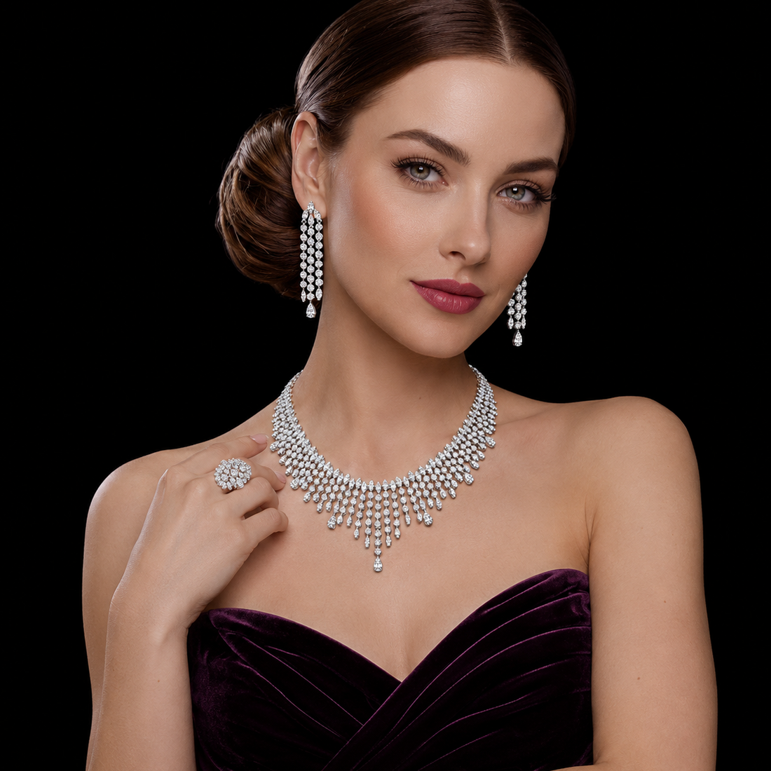 Royal Fringe White Zircon Rhodium Plated Luxury Bridal Full Set
