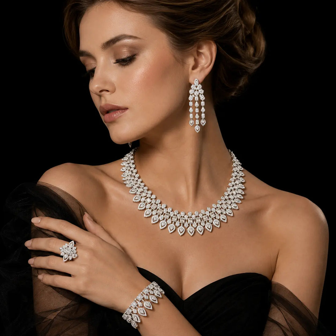 Royal Heart White Premium Quality Zircon Rhodium Plated Luxury Full Set