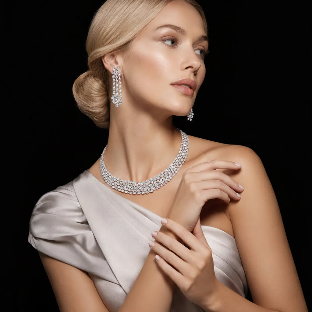 Royal Blossom White Zircon Rhodium Plated Fancy Bridal Full Set