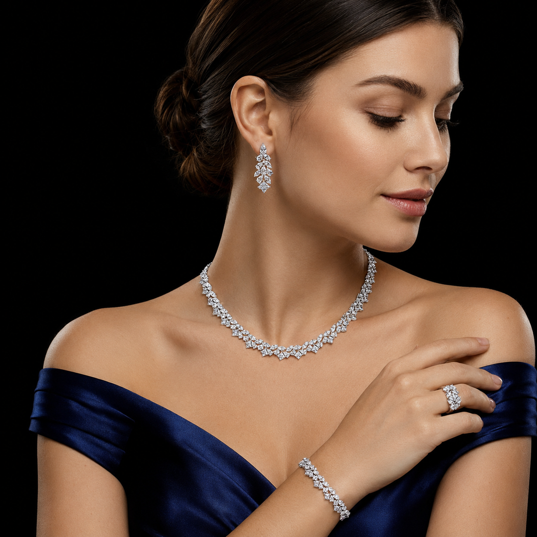 Crystal Laurel White Zircon Rhodium Plated Fancy Bridal Full Set