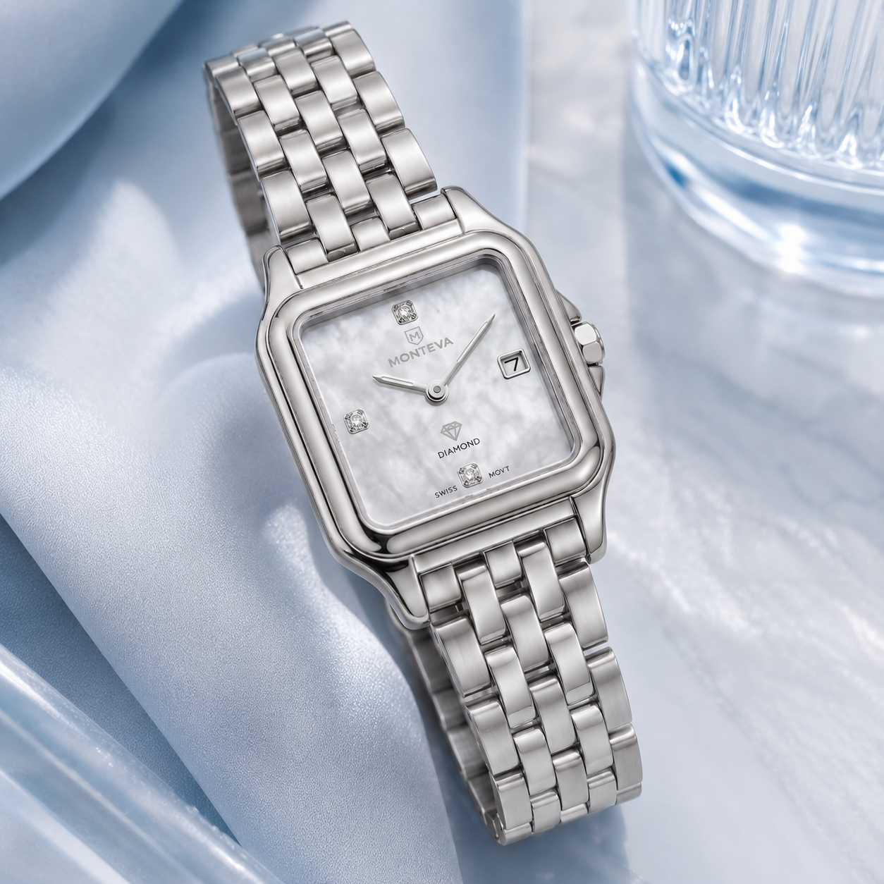 Monteva Unisex Silver Mother-of-Pearl Diamond Marker Square Watch