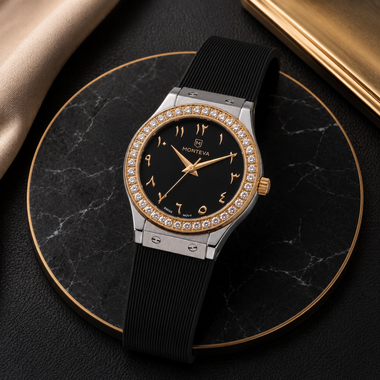 Monteva Women’s Black Dial Zircon Bezel Arabic Numeral Watch