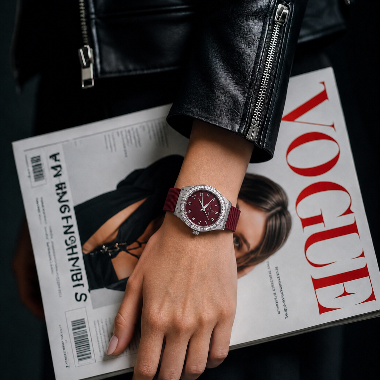 Monteva Women’s Burgundy Dial Zircon Bezel Arabic Numeral Watch