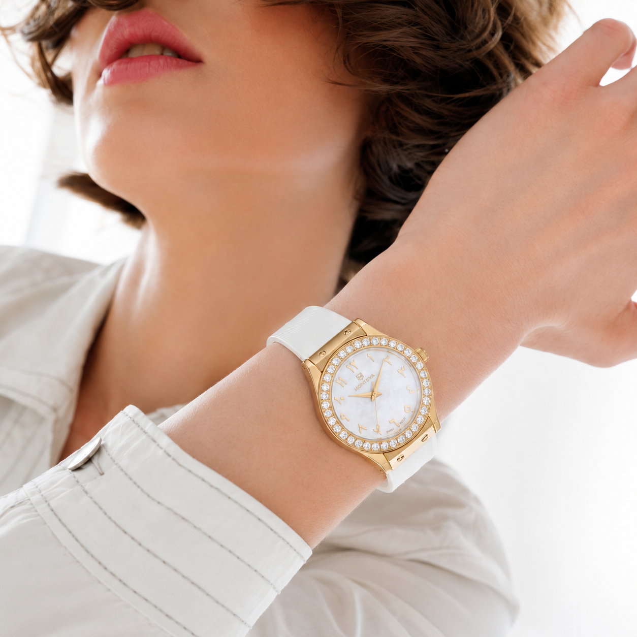 Monteva Women’s White Dial Gold Plated Zircon Bezel Watch