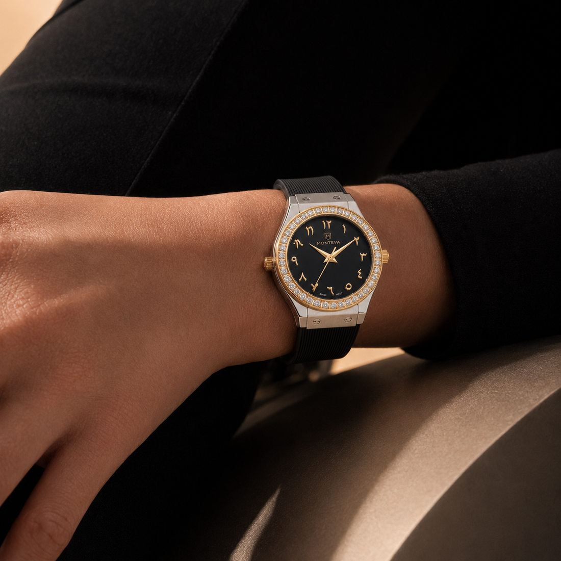 Monteva Women’s Black Dial Zircon Bezel Arabic Numeral Watch