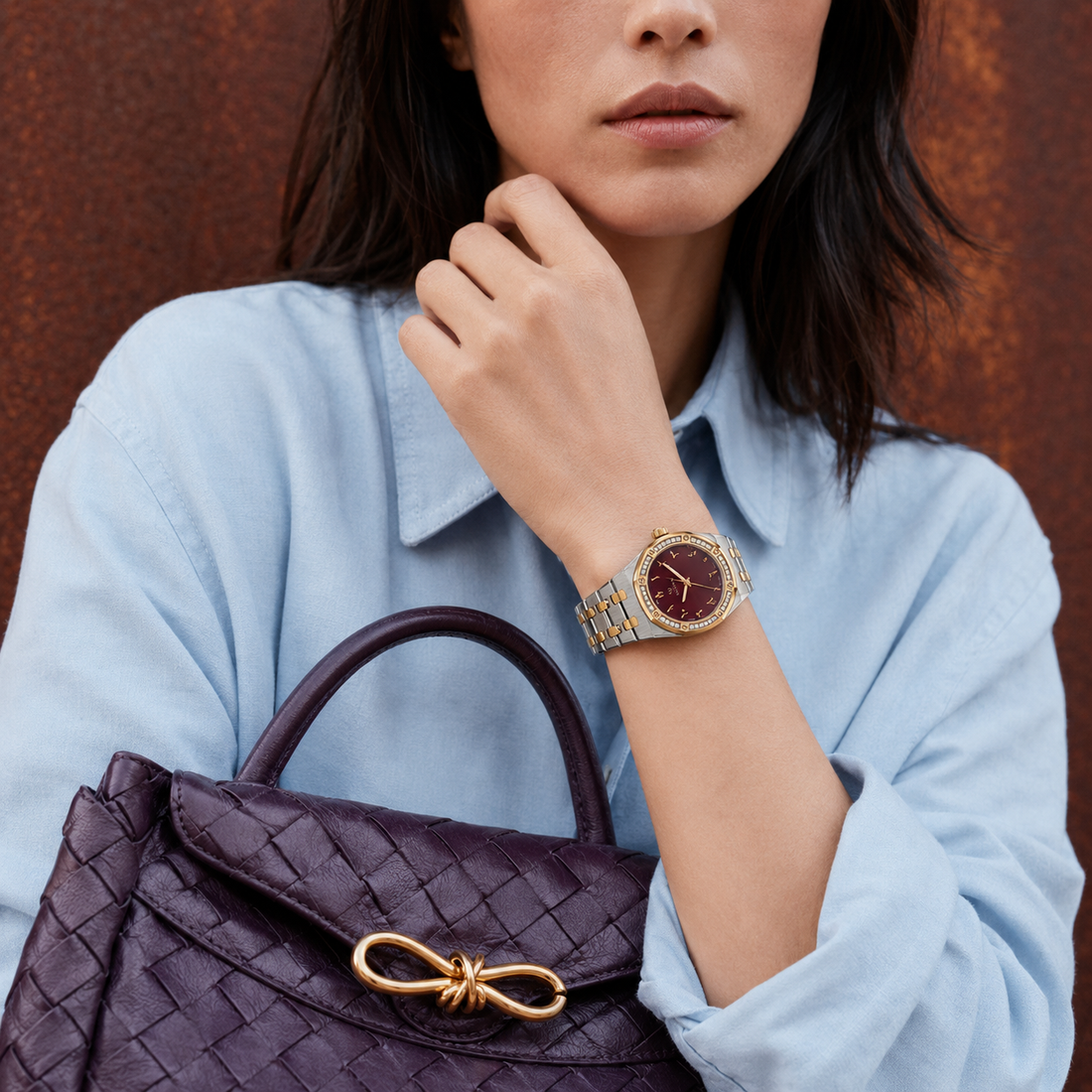 Monteva Women’s Burgundy Dial Two-Tone Zircon Bezel Arabic Numeral Watch