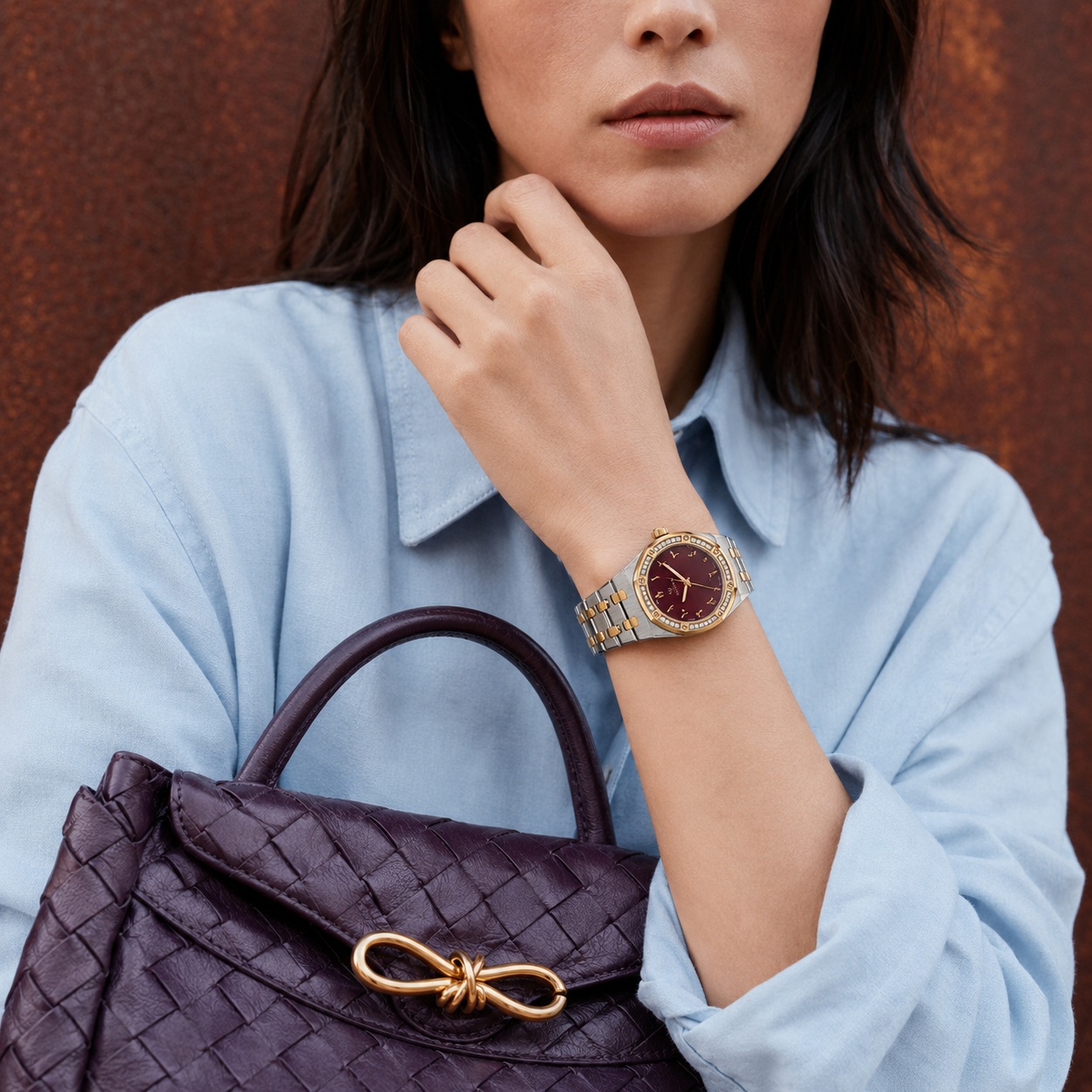Monteva Women’s Burgundy Dial Two-Tone Zircon Bezel Arabic Numeral Watch