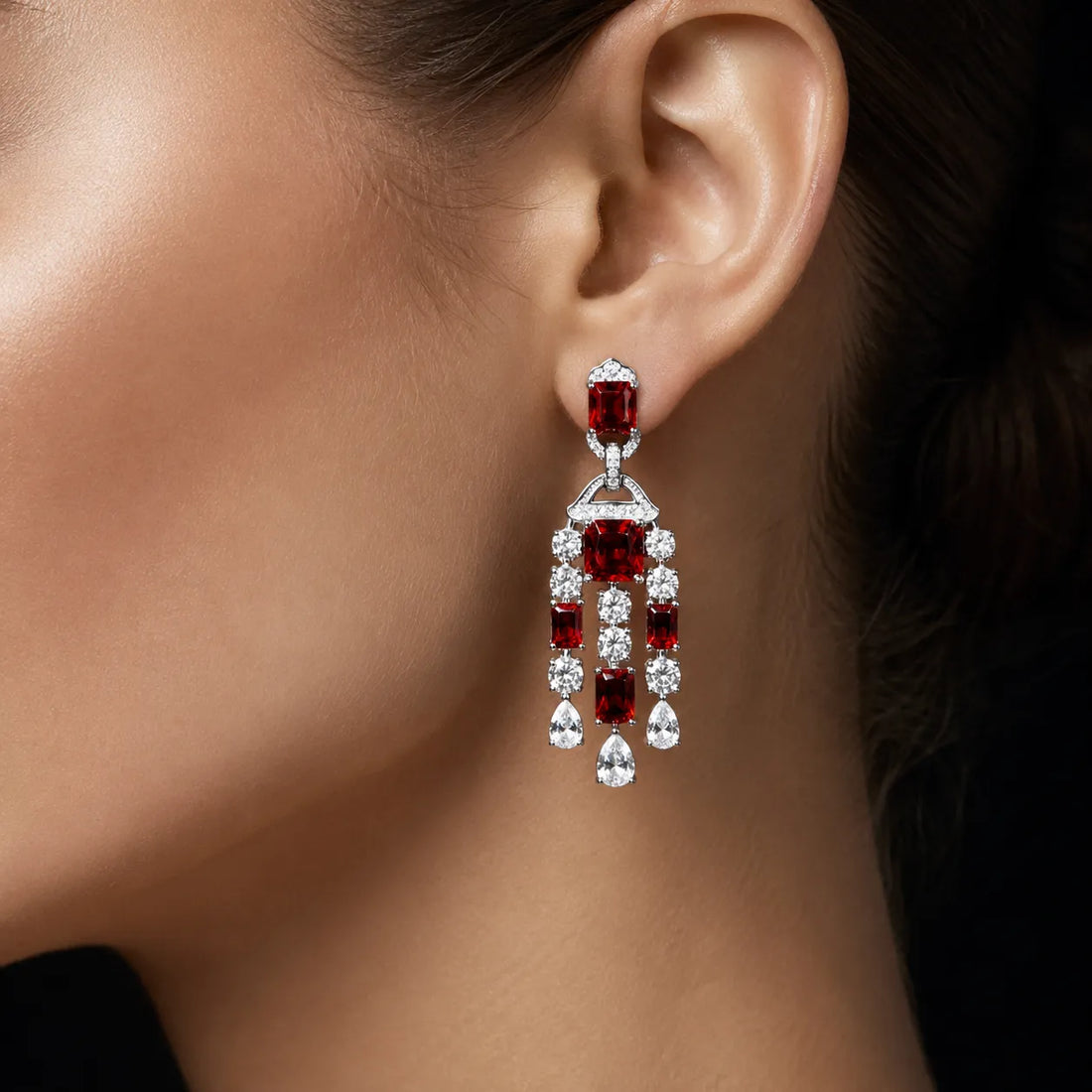 Crimson Royale Cushion-Cut Zircon Chandelier Earrings