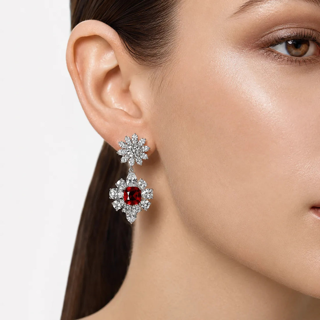 Royal Ruby Cushion-Cut Zircon Floral Drop Earrings