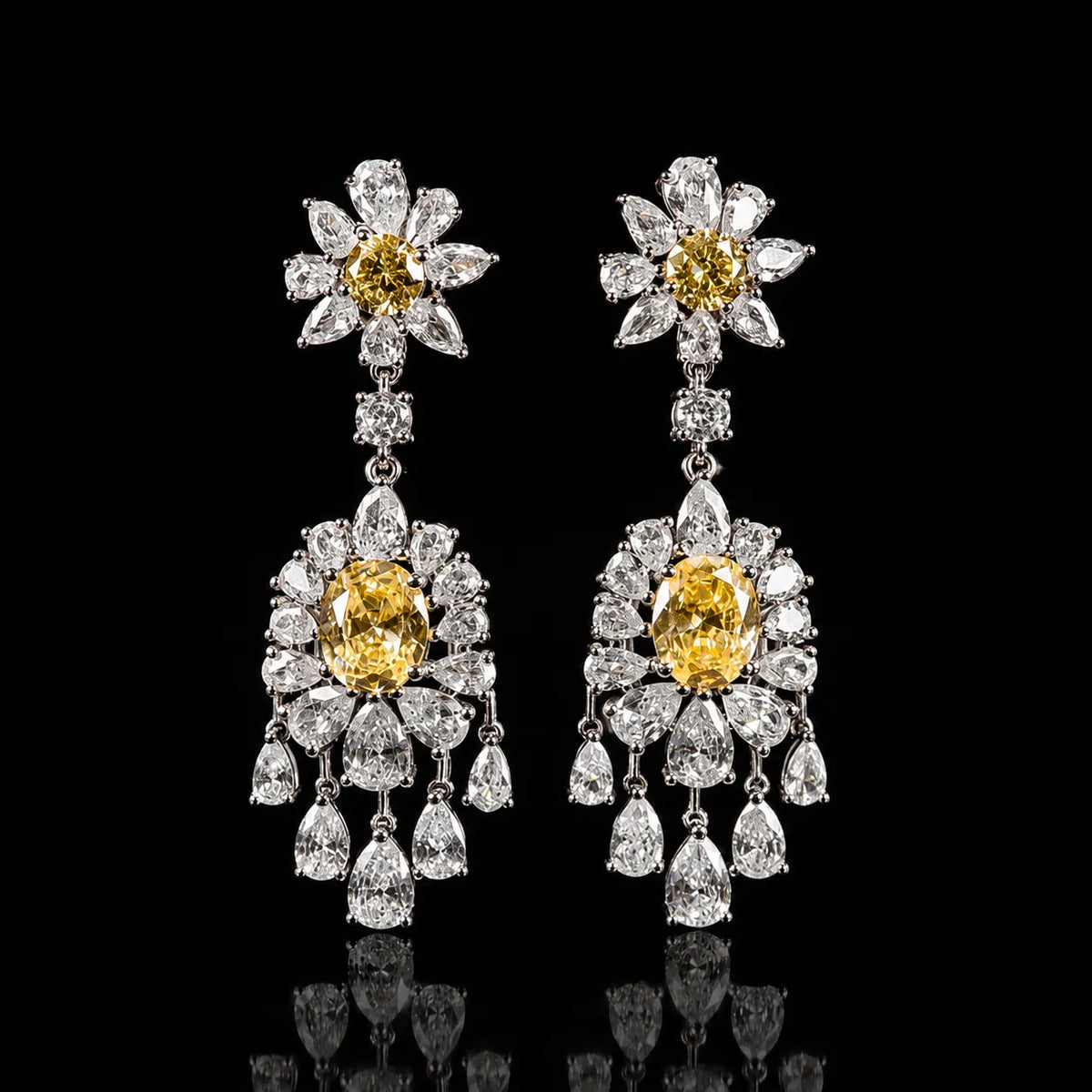 Golden Honey Oval-Cut Zircon Floral Drop Earrings