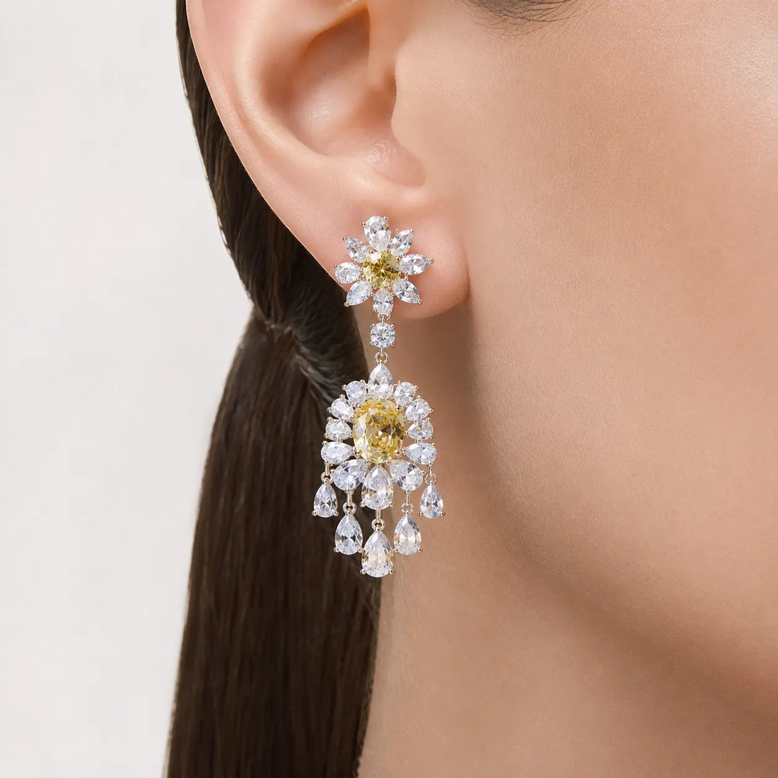 Golden Honey Oval-Cut Zircon Floral Drop Earrings