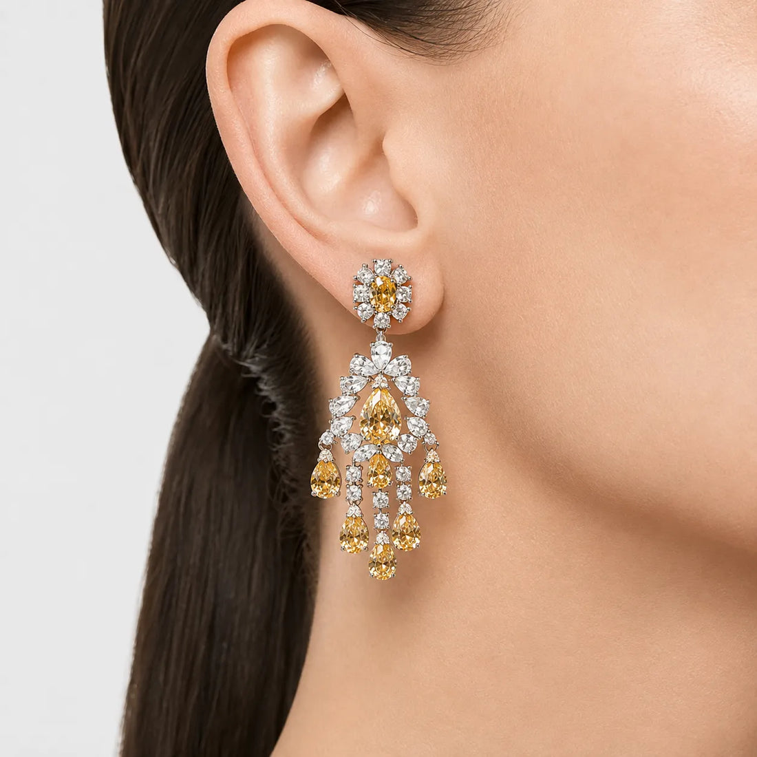 Champagne Glow Pear-Cut Zircon Chandelier Earrings