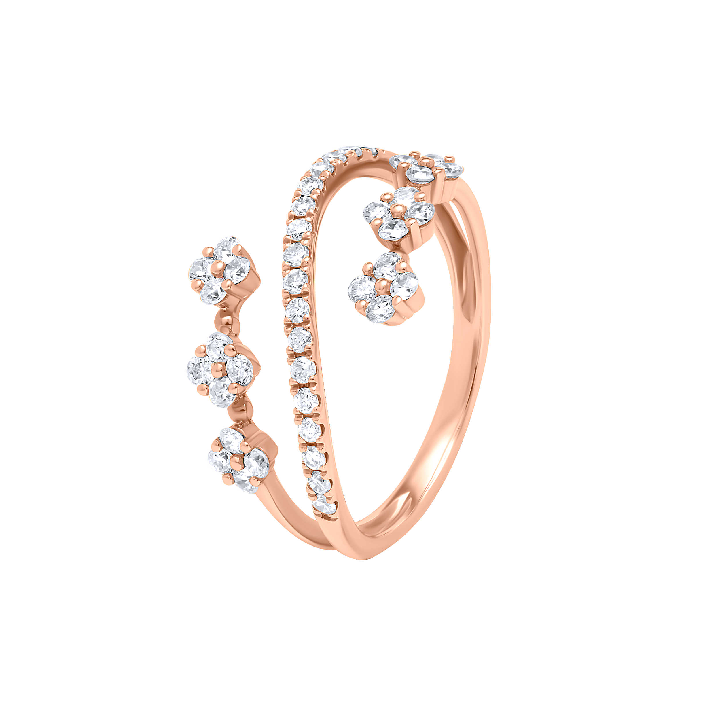 18K Rose Gold Diamond Ring with Double Row Floral Design