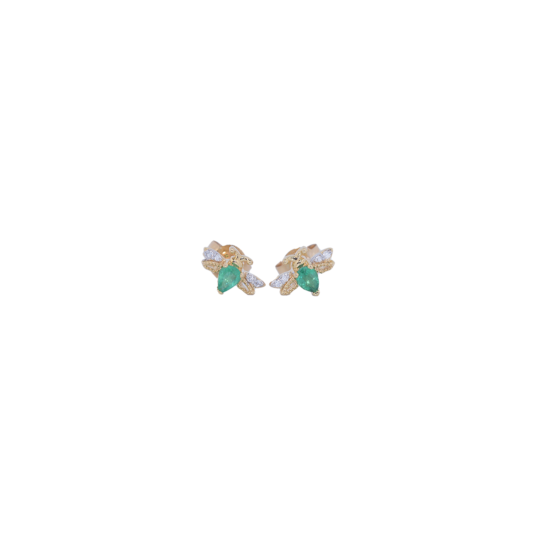 18K Gold Diamond Bee Stud Earrings with Emerald Wings