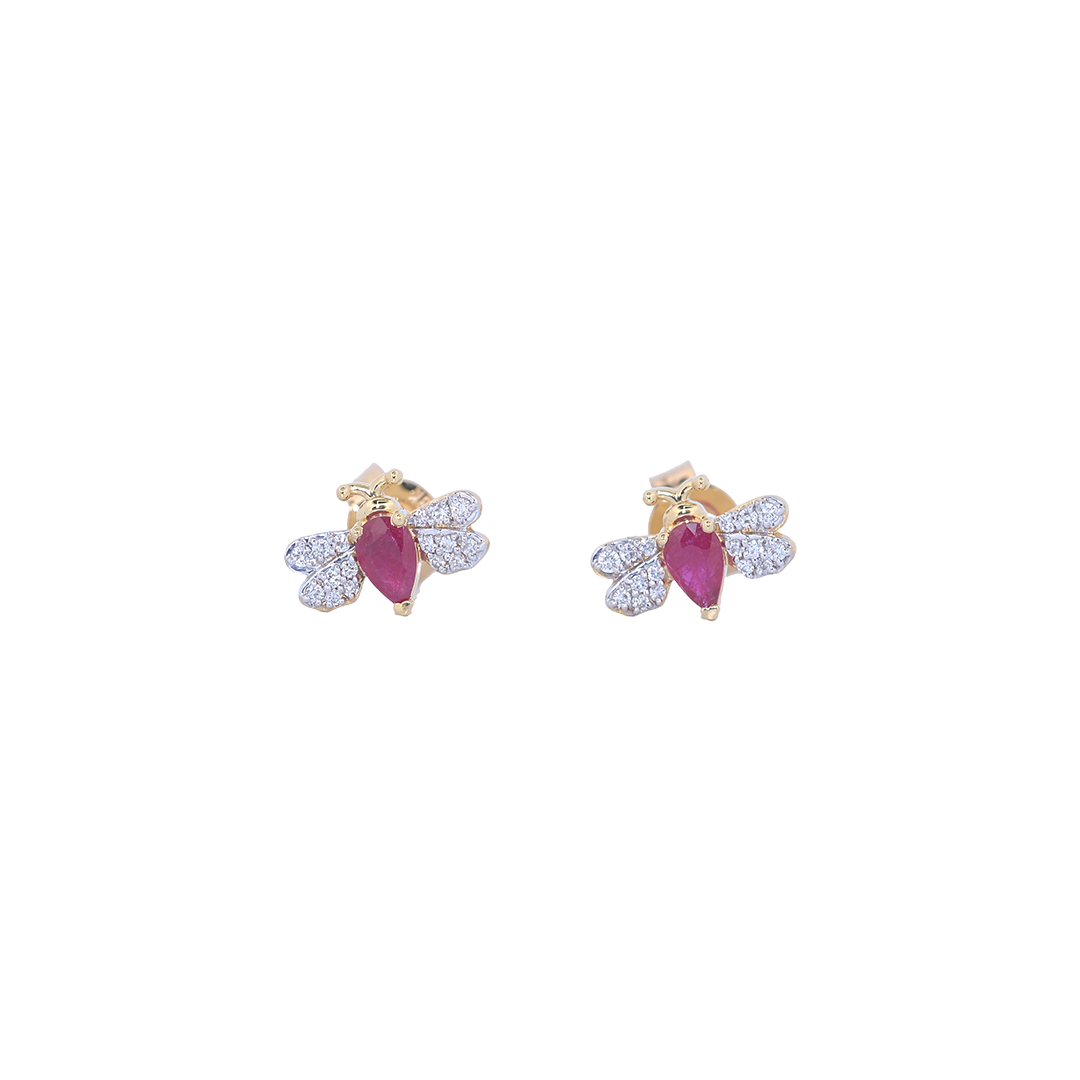 18K Gold Diamond Bee Stud Earrings with Ruby