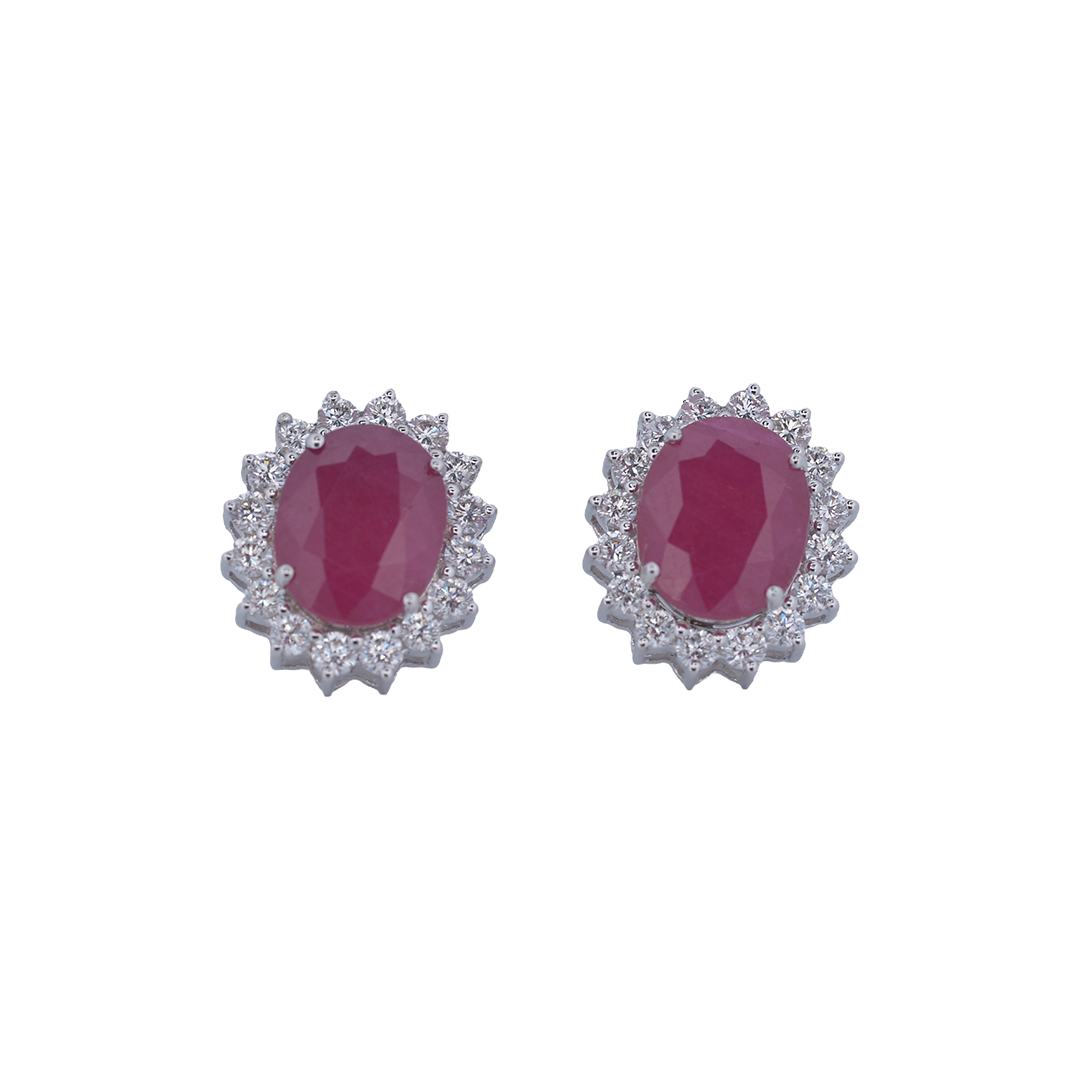18K White Gold Ruby & Diamond Halo Earrings