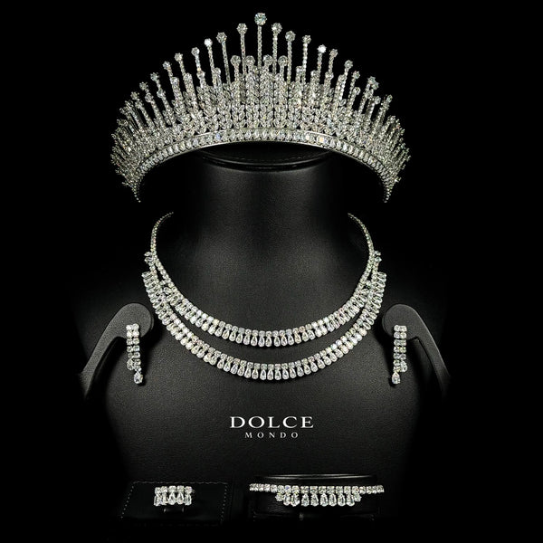 Eva Crown White Luxury Bridal Full Set with Crown in High Quality Class Zircon Stone Rhodium Plated