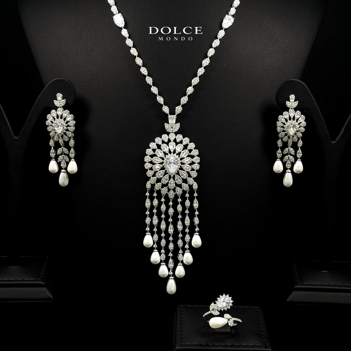 Elena Pearl Crown White Luxury Long Chain Set with Crown in High Quality Class Zircon Stone Rhodium Plated