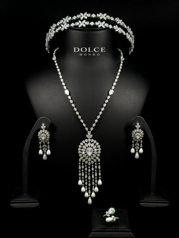 Elena Pearl Crown White Luxury Long Chain Set with Crown in High Quality Class Zircon Stone Rhodium Plated
