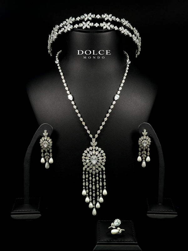 Elena Pearl Crown White Luxury Long Chain Set with Crown in High Quality Class Zircon Stone Rhodium Plated