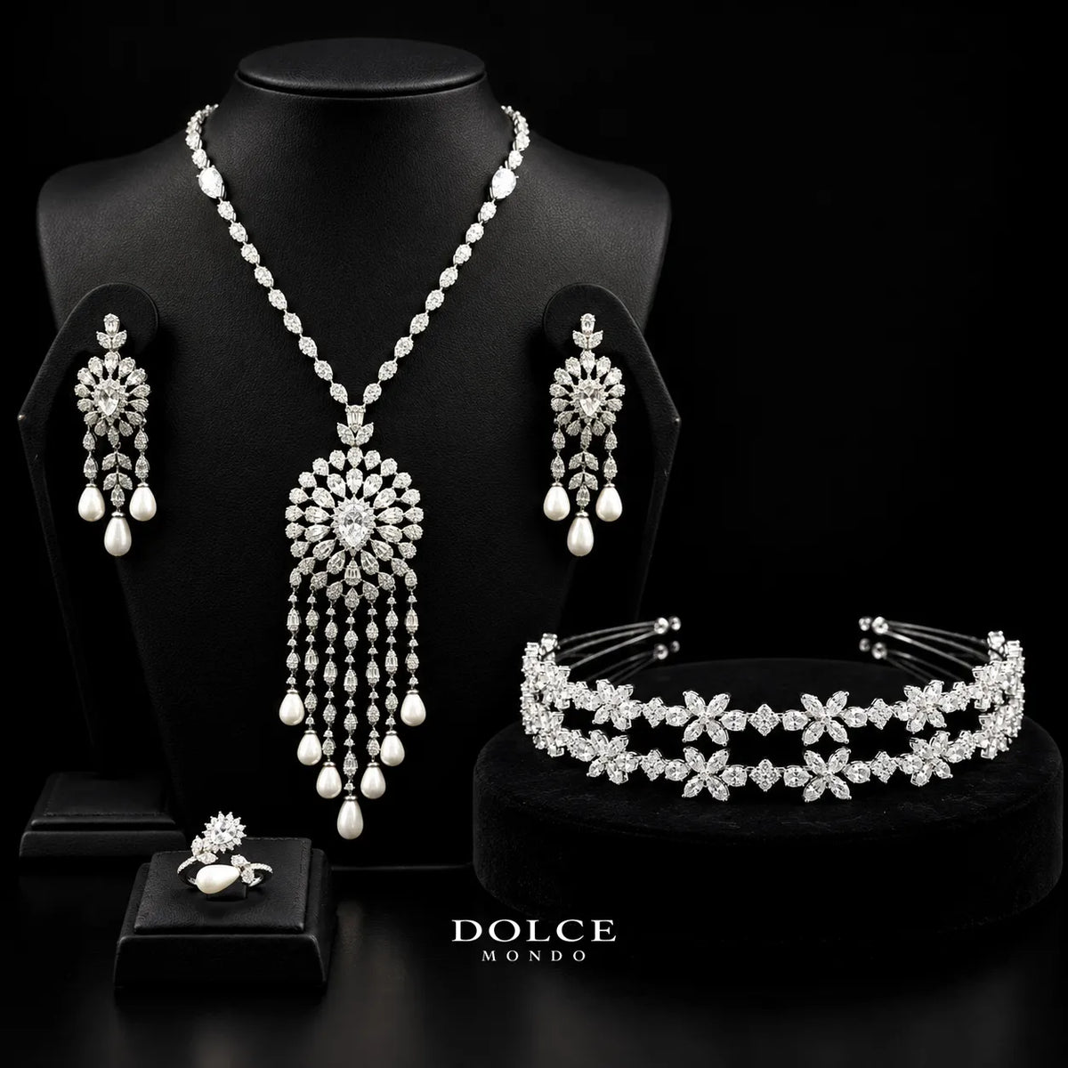 Elena Pearl Crown White Luxury Long Chain Set with Crown in High Quality Class Zircon Stone Rhodium Plated