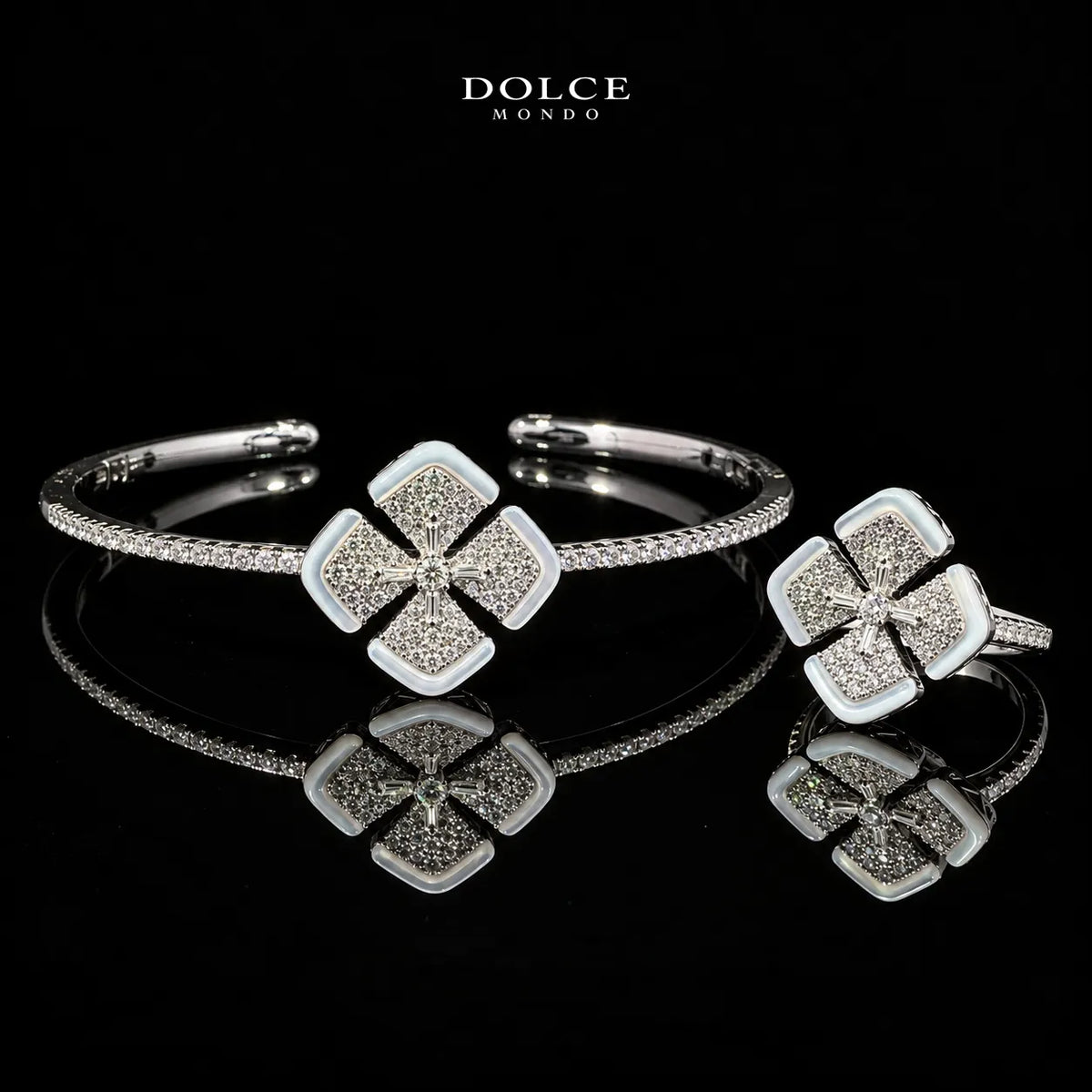 Clara Royale White Luxury Bridal Full Set Combo with Two bangle & Ring Sets in High Quality Class Zircon Stone Rhodium Plated