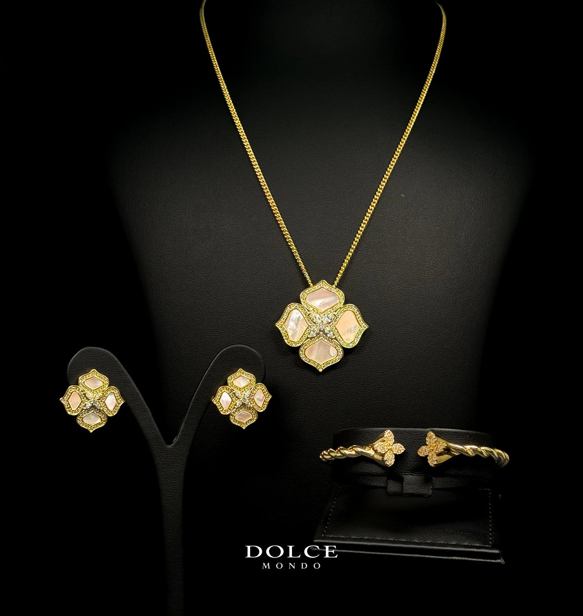 Bella Clove Golden Luxury Necklace & Earring Set with Matching Bangle in High Quality Class Zircon Stone Gold Plated