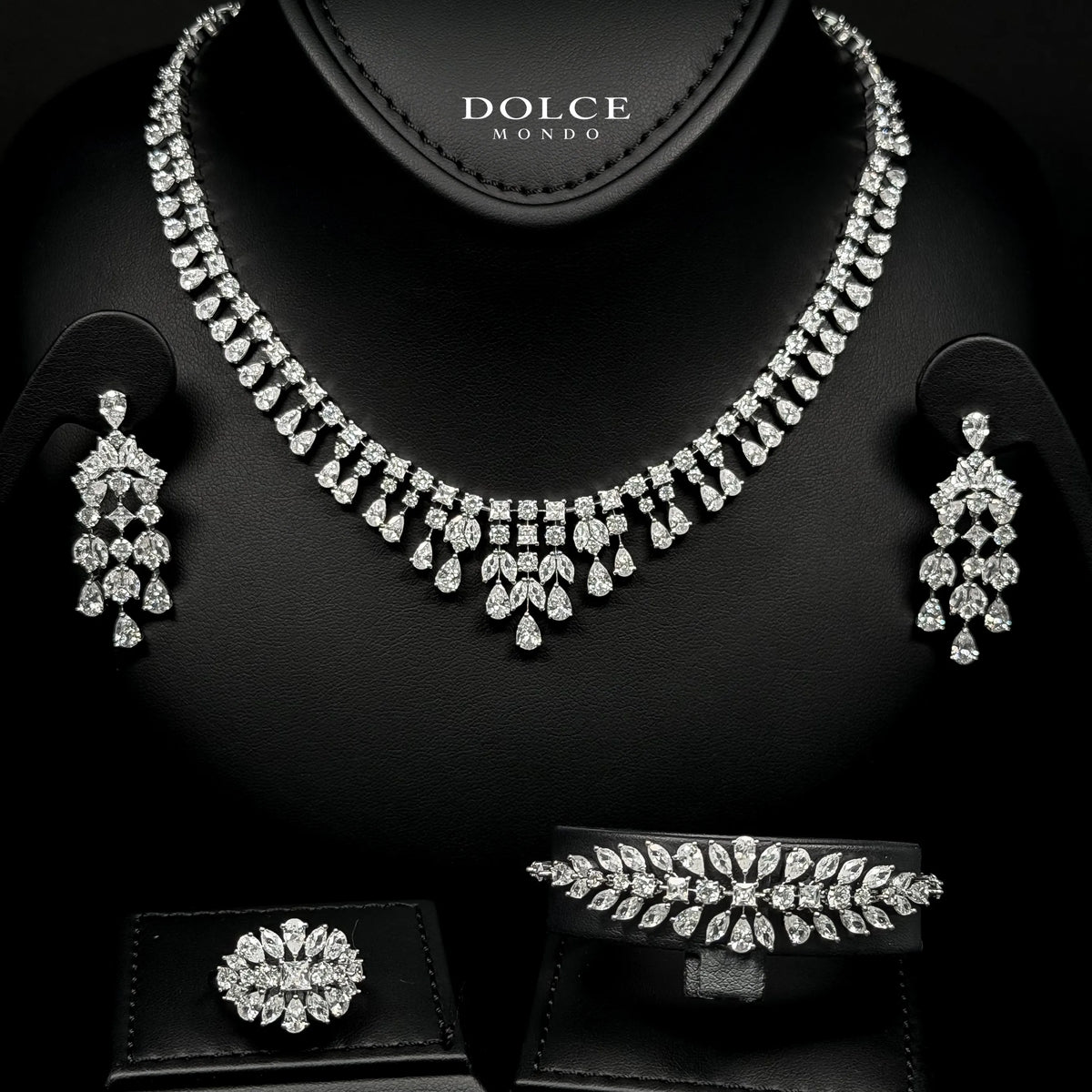 Laura White Luxury Bridal Full Set in High Quality Class Zircon Simulated Diamond Stones Rhodium Plated