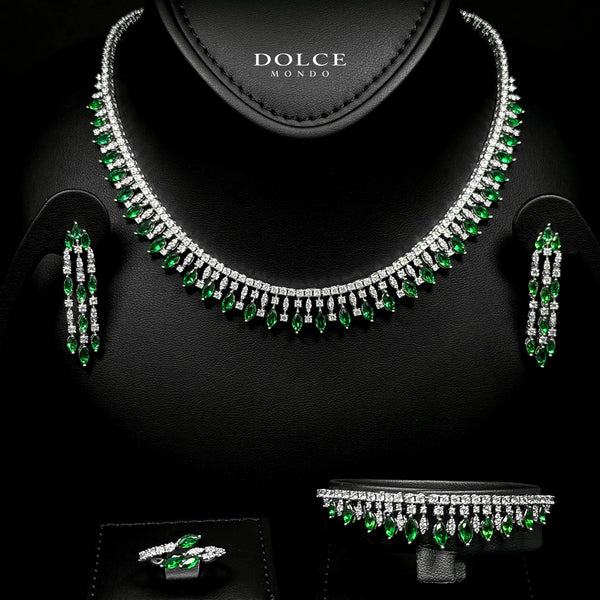 Mila Green Teardrop Luxury Bridal Full Set in High Quality Class Zircon Simulated Diamond Stones Rhodium Plated