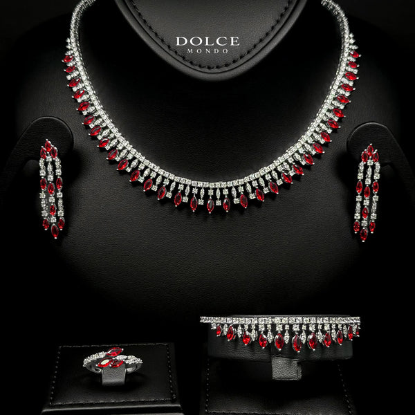 Mila Red Teardrop Luxury Bridal Full Set in High Quality Class Zircon Simulated Diamond Stones Rhodium Plated