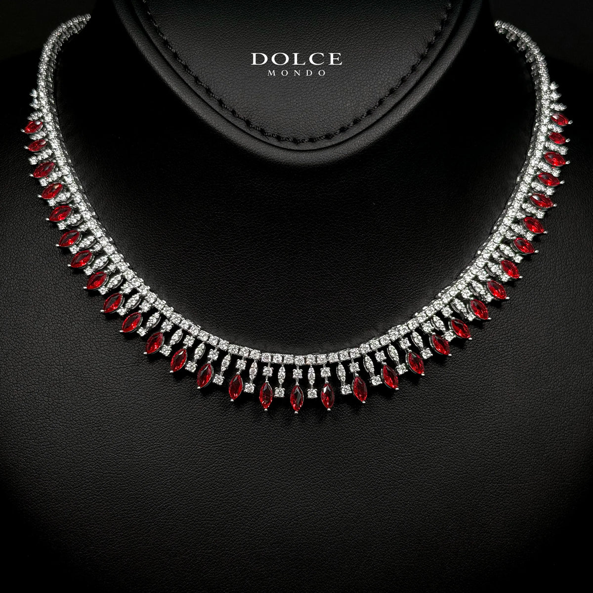 Mila Red Teardrop Luxury Bridal Full Set in High Quality Class Zircon Simulated Diamond Stones Rhodium Plated