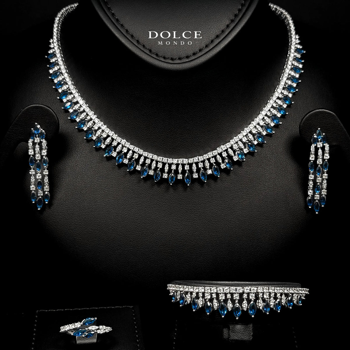 Mila Blue Teardrop Luxury Bridal Full Set in High Quality Class Zircon Simulated Diamond Stones Rhodium Plated