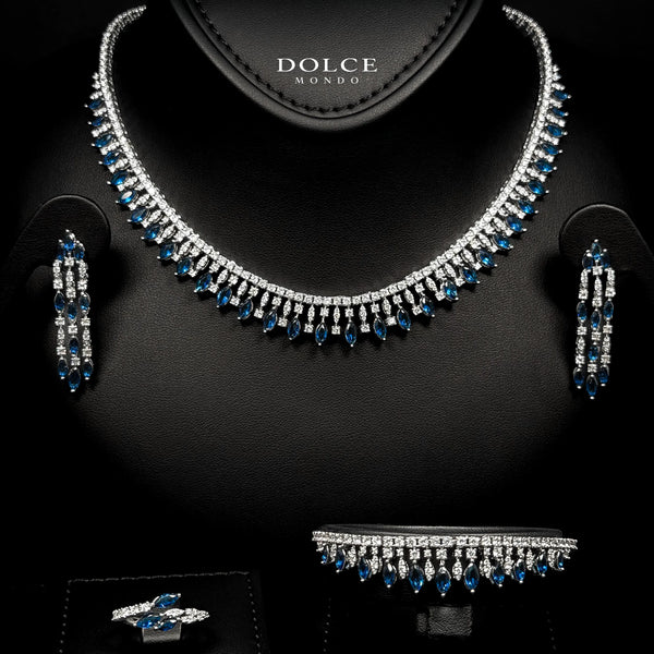 Mila Blue Teardrop Luxury Bridal Full Set in High Quality Class Zircon Simulated Diamond Stones Rhodium Plated