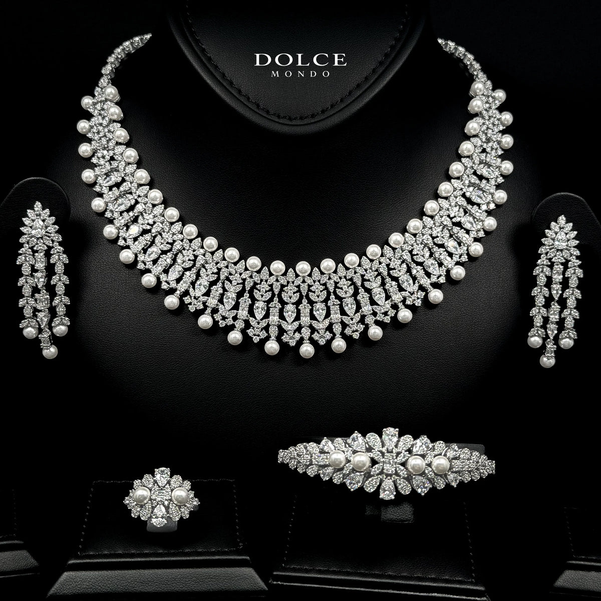 Anna Pearl White Luxury Bridal Full Set in High Quality Class Zircon Simulated Diamond Stones Rhodium Plated