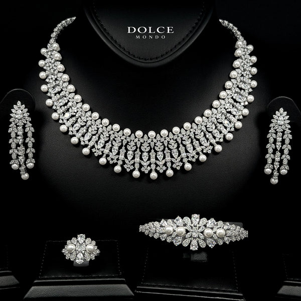 Anna Pearl White Luxury Bridal Full Set in High Quality Class Zircon Simulated Diamond Stones Rhodium Plated