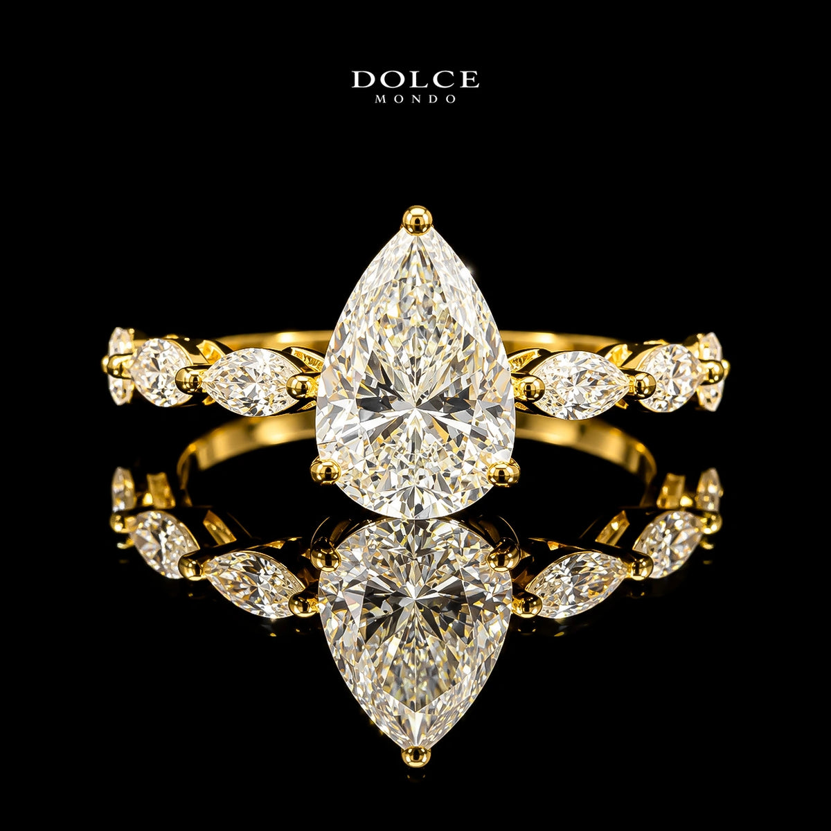 Pear Cut Marquise Accent GRA Certified Moissanite Ring in 18K Gold Plated 925 Sterling Silver – 2.82 Carat